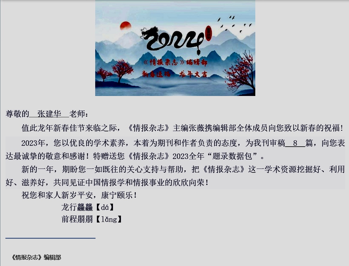 《情报杂志》编辑部向张建华教授发送新春电子贺卡，提前送来新春祝福